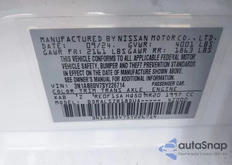 2025 Nissan Sentra Sr из США, поврежденный, VIN 3N1AB8DV7SY226714